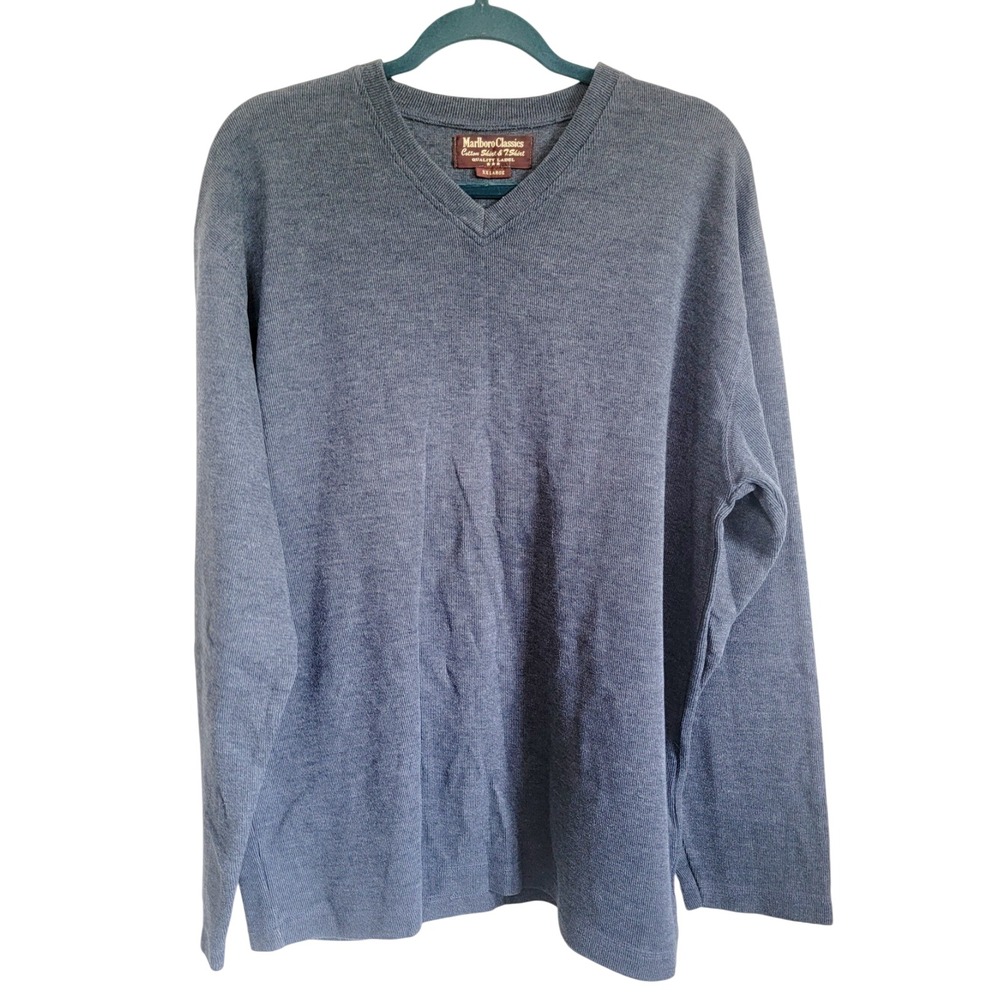 Marlboro Originals‎ 2X Men's V-Neck Sweater Pullover LS Vintage Cotton Blnd Blue